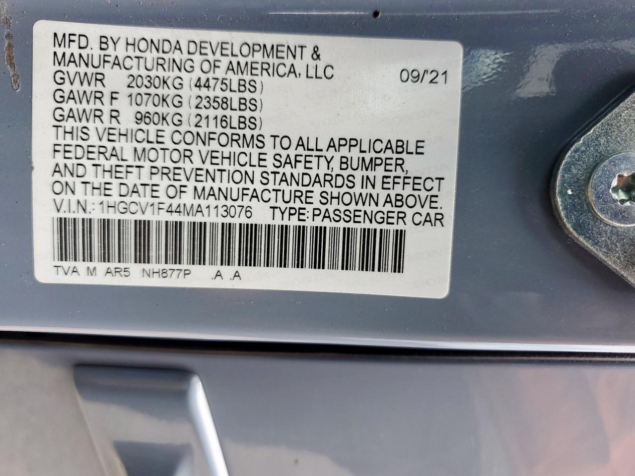 2021 Honda Accord Sport Se VIN: 1HGCV1F44MA113076 Lot: 64771945