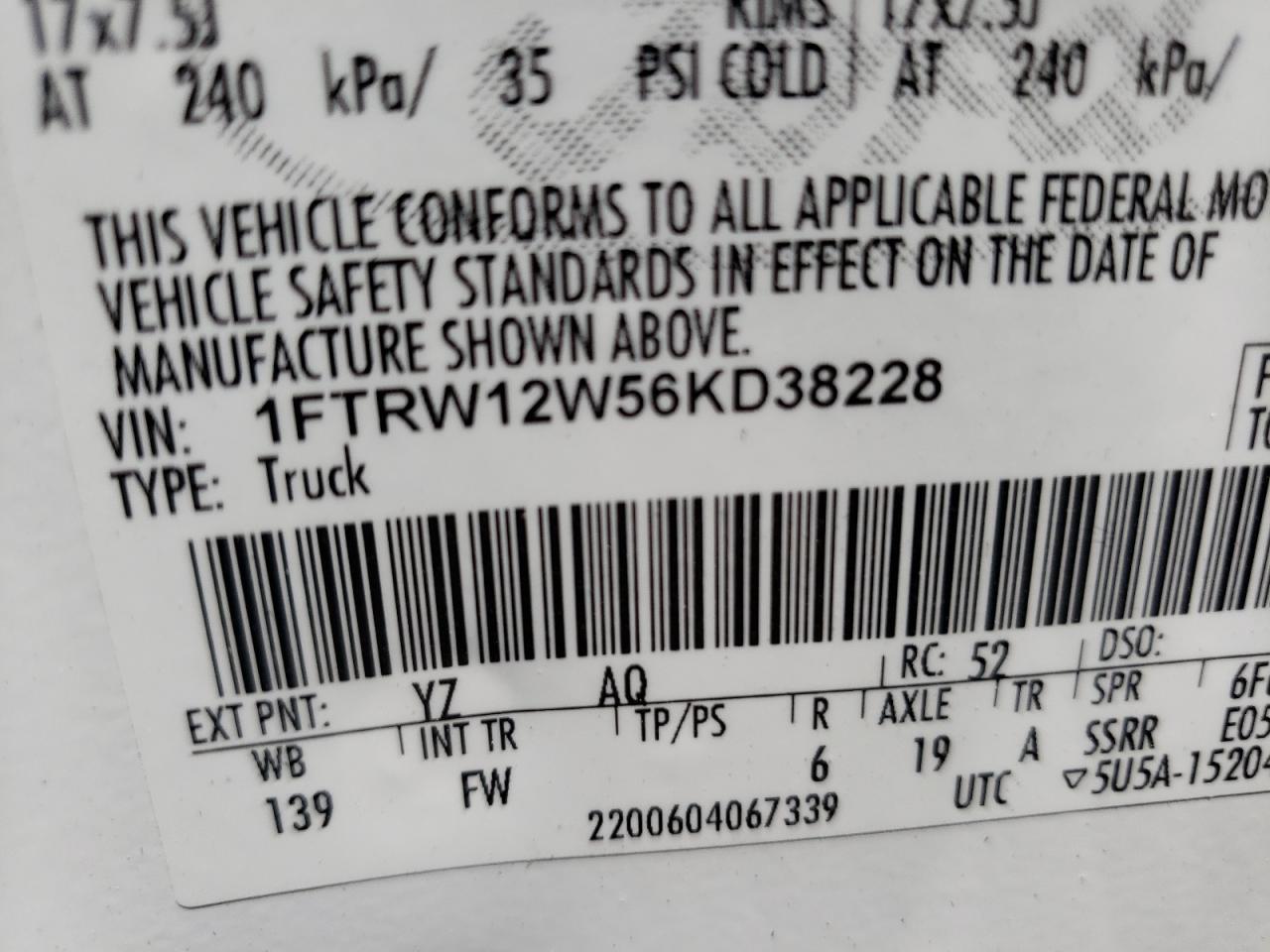 2006 Ford F150 Supercrew VIN: 1FTRW12W56KD38228 Lot: 64809535