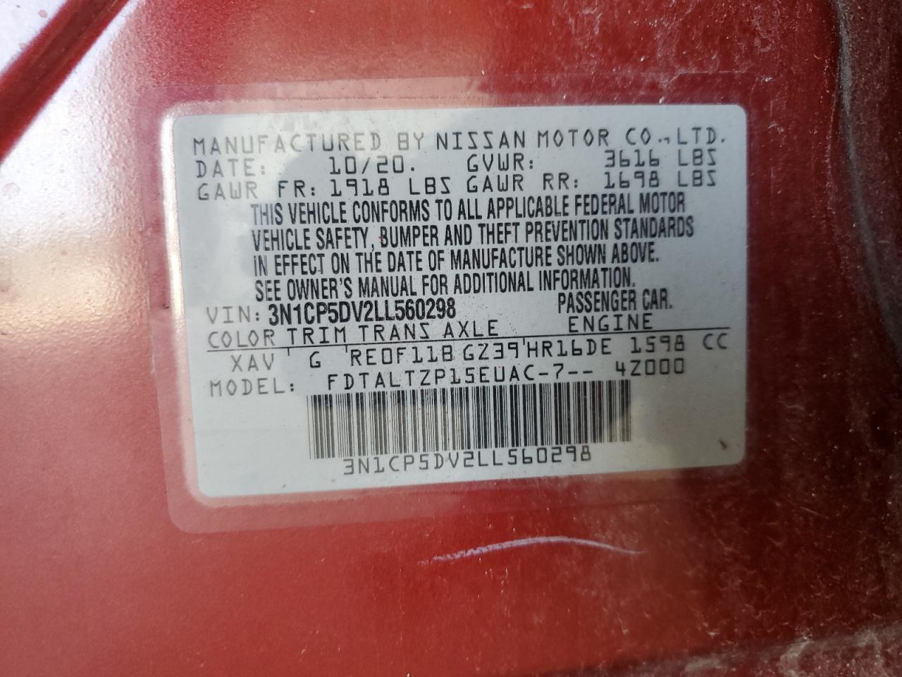 2020 Nissan Kicks Sr VIN: 3N1CP5DV2LL560298 Lot: 66287675