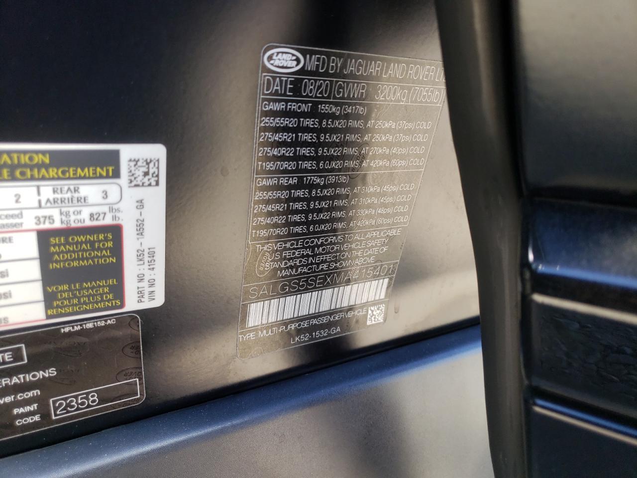 SALGS5SEXMA415401 2021 Land Rover Range Rover Westminster Edition