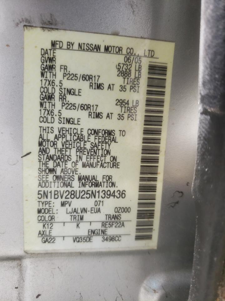 2005 Nissan Quest S VIN: 5N1BV28U25N139436 Lot: 60980485