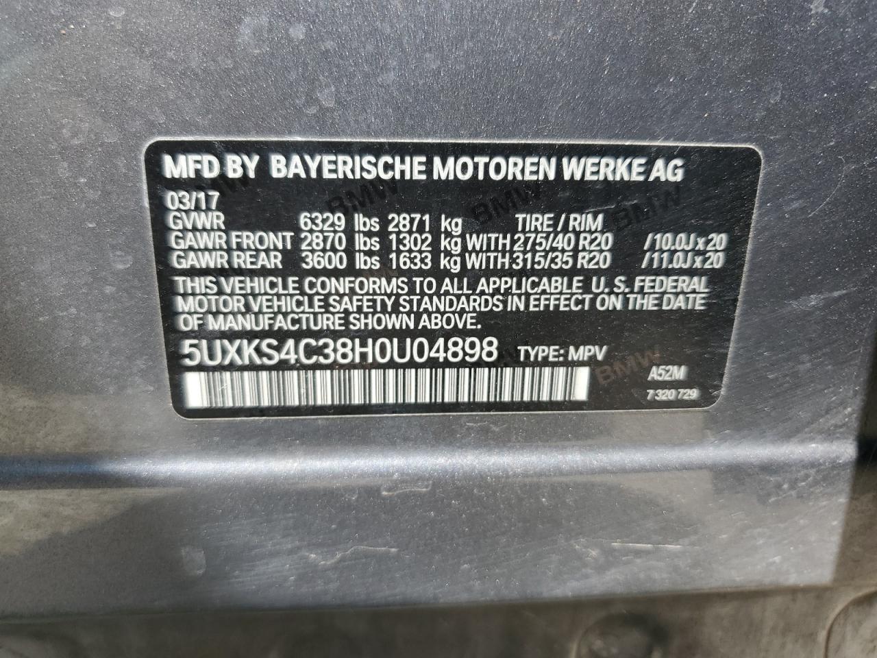 2017 BMW X5 xDrive35D VIN: 5UXKS4C38H0U04898 Lot: 65161465