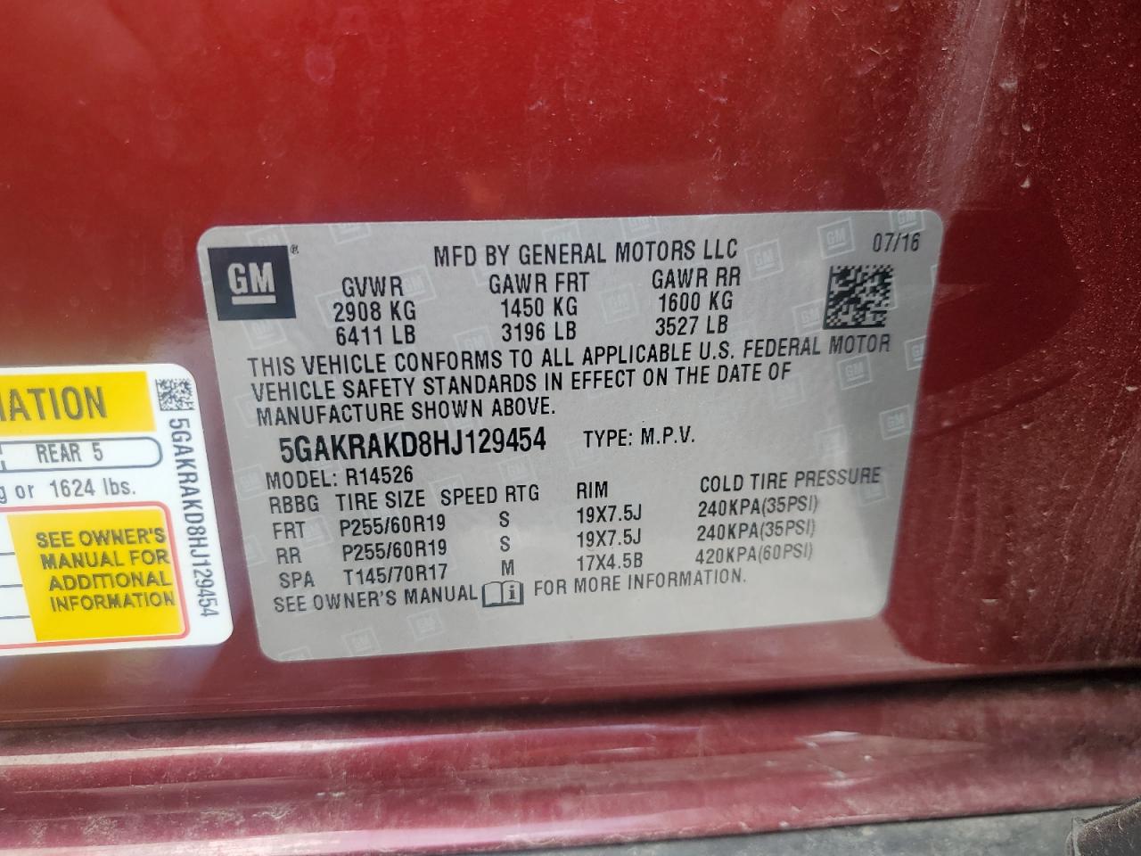 2017 Buick Enclave VIN: 5GAKRAKD8HJ129454 Lot: 63947045