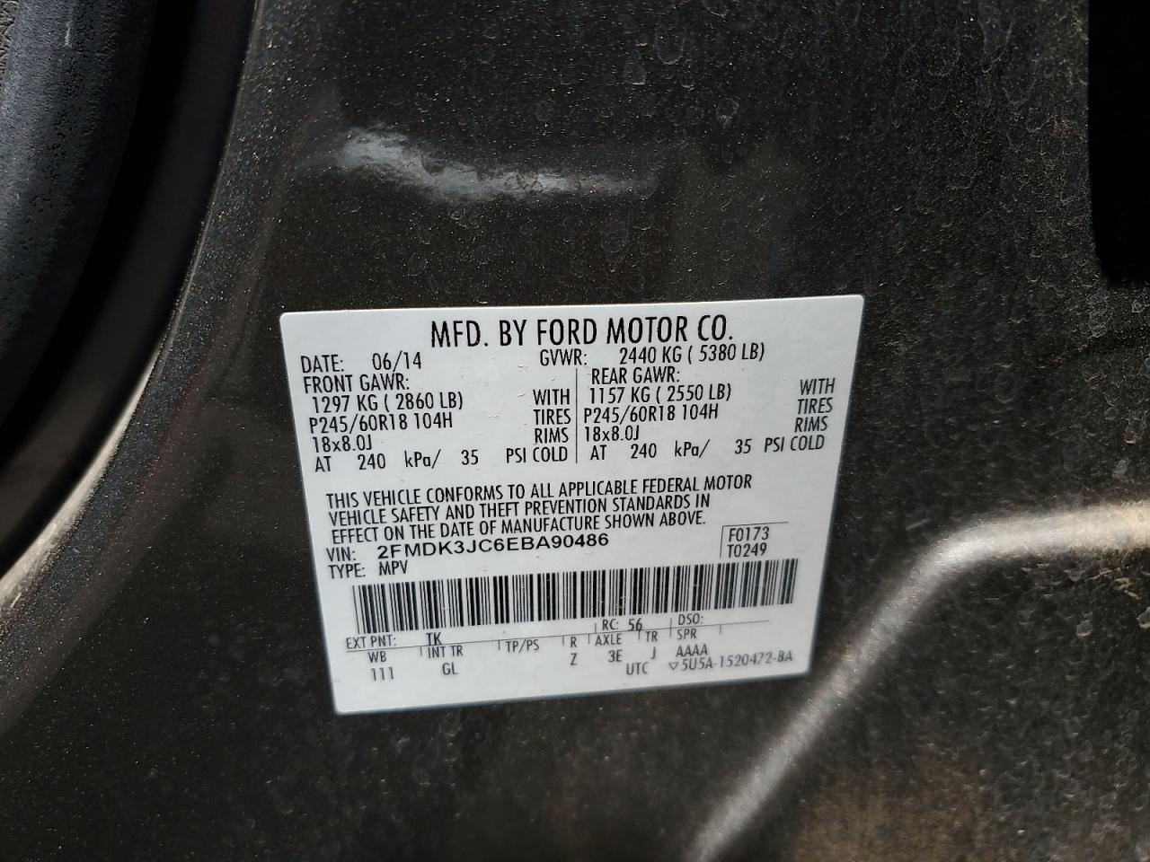 2014 Ford Edge Sel VIN: 2FMDK3JC6EBA90486 Lot: 64816955