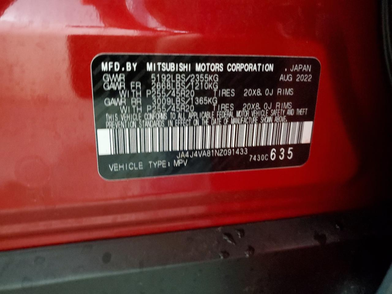 2022 Mitsubishi Outlander Sel VIN: JA4J4VA81NZ091433 Lot: 64456735