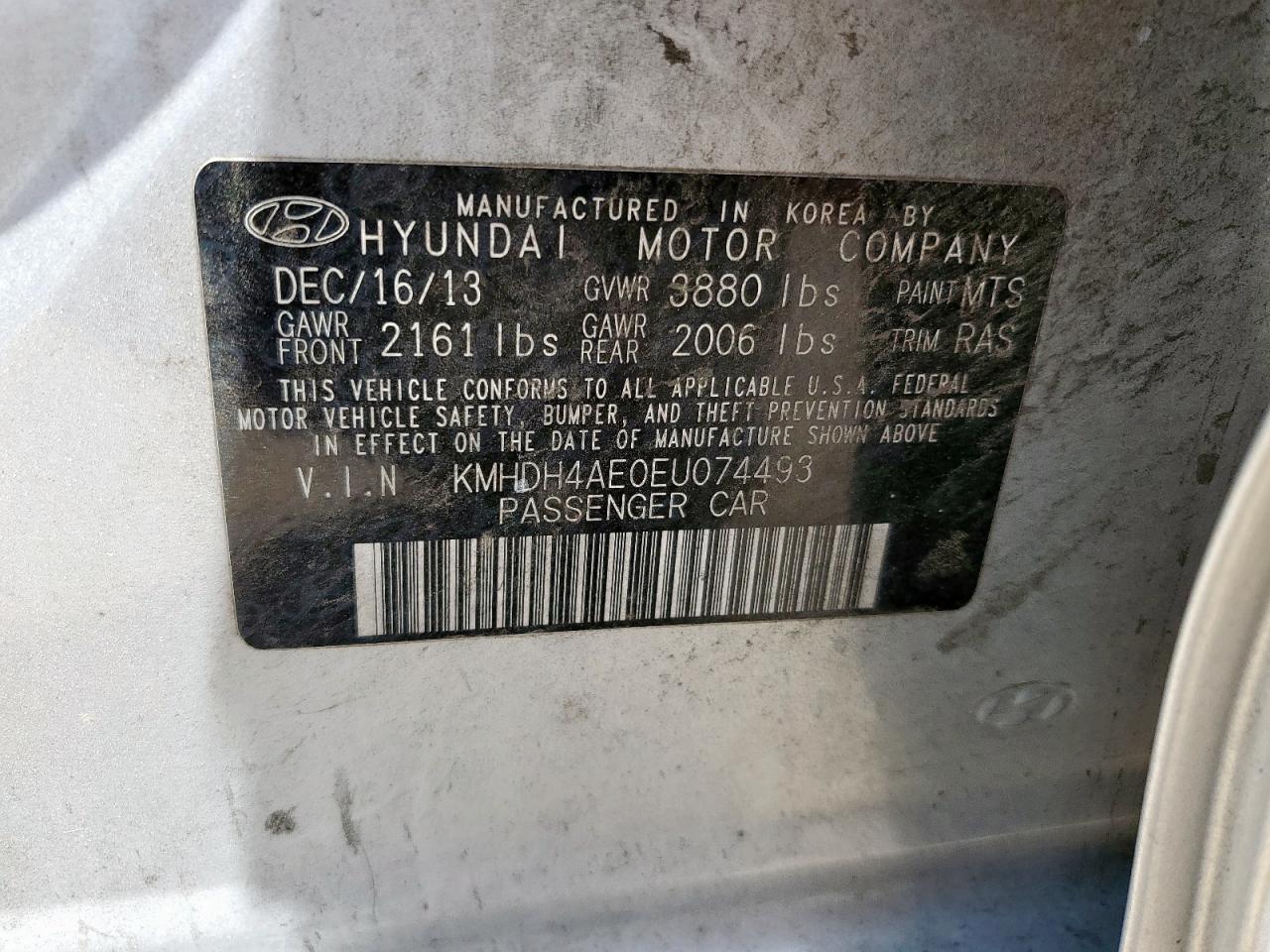 2014 Hyundai Elantra Se VIN: KMHDH4AE0EU074493 Lot: 64640835