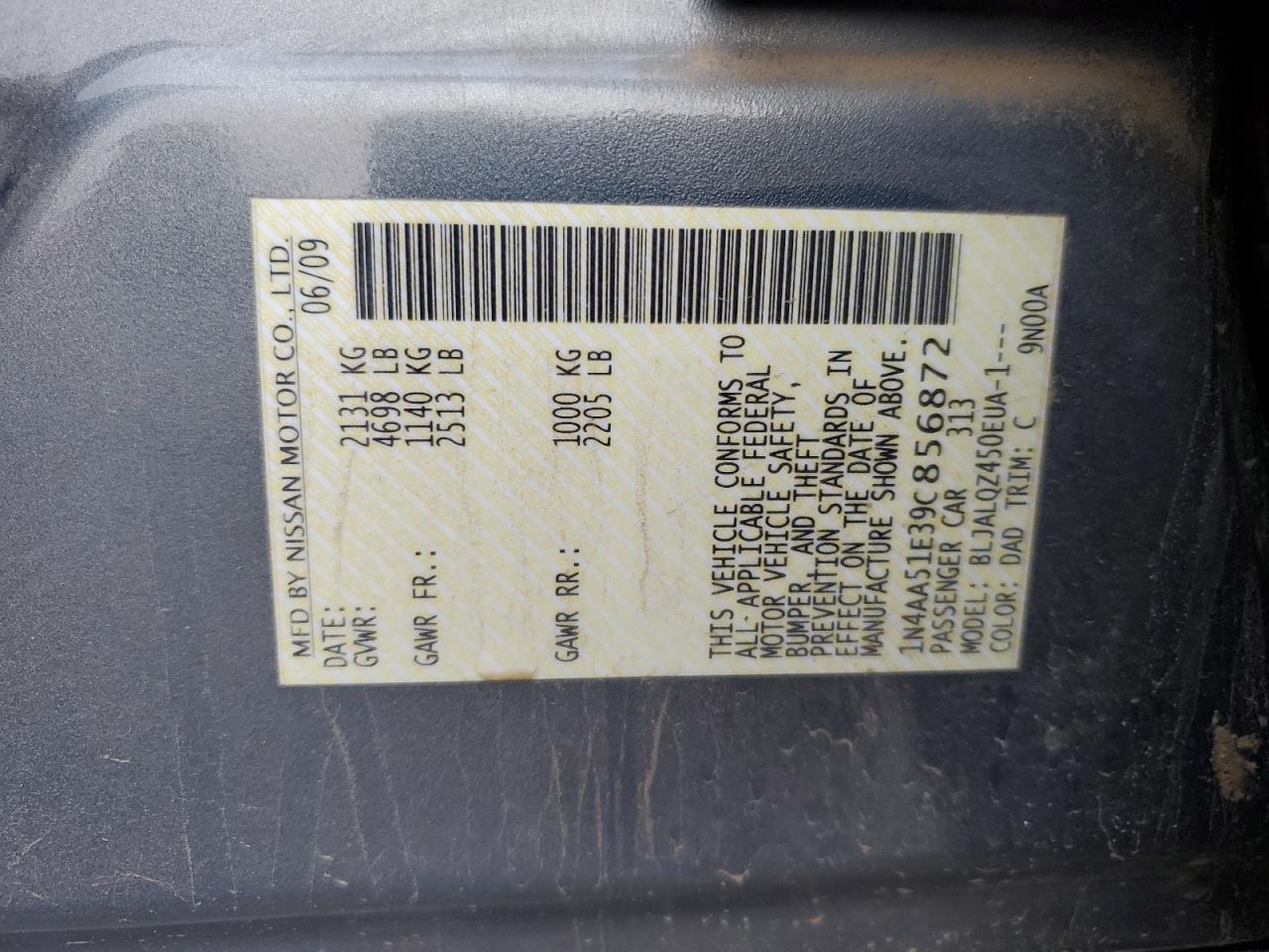 2009 Nissan Maxima S VIN: 1N4AA51E39C856872 Lot: 64446755