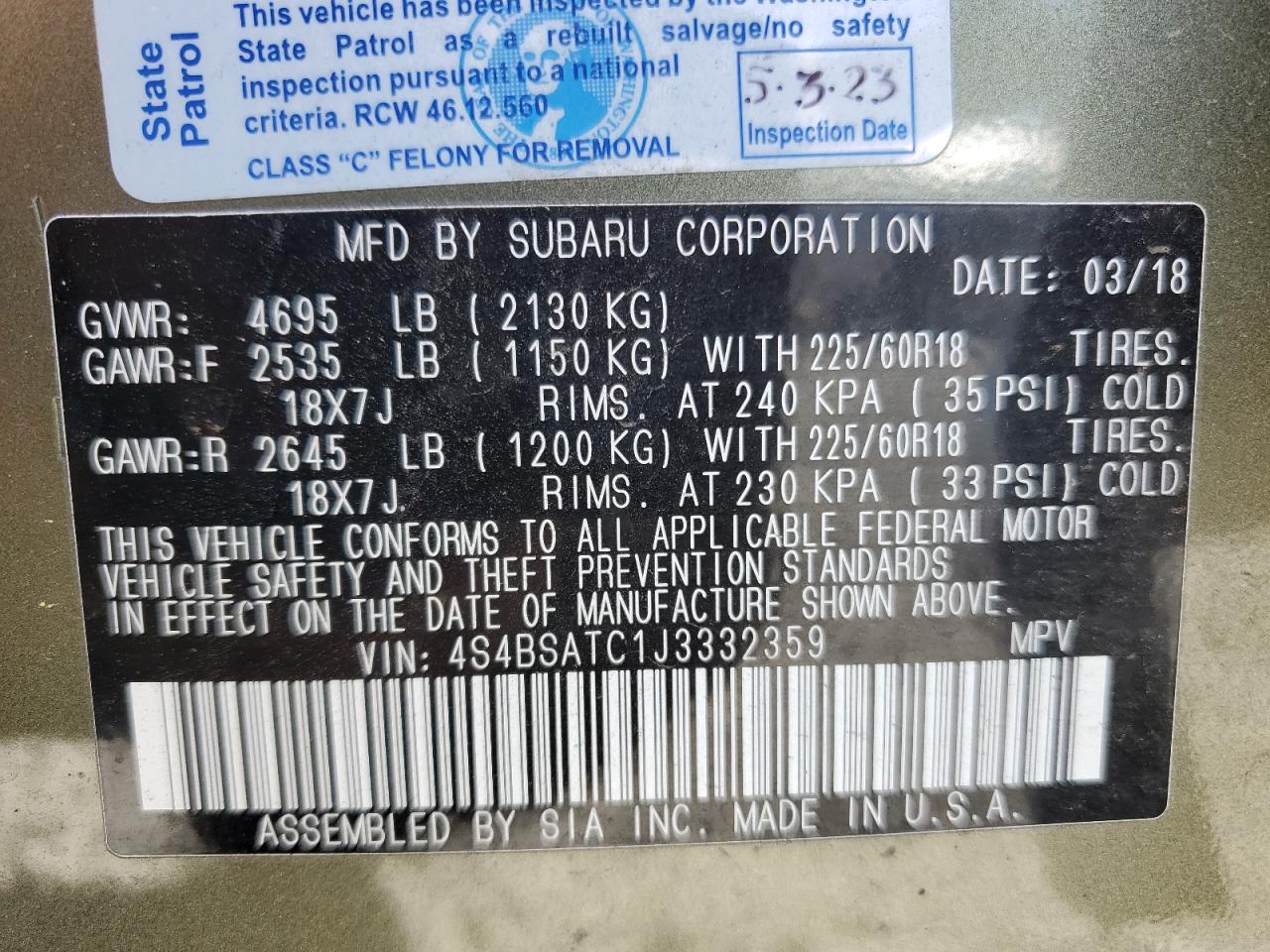 2018 Subaru Outback Touring VIN: 4S4BSATC1J3332359 Lot: 65064775