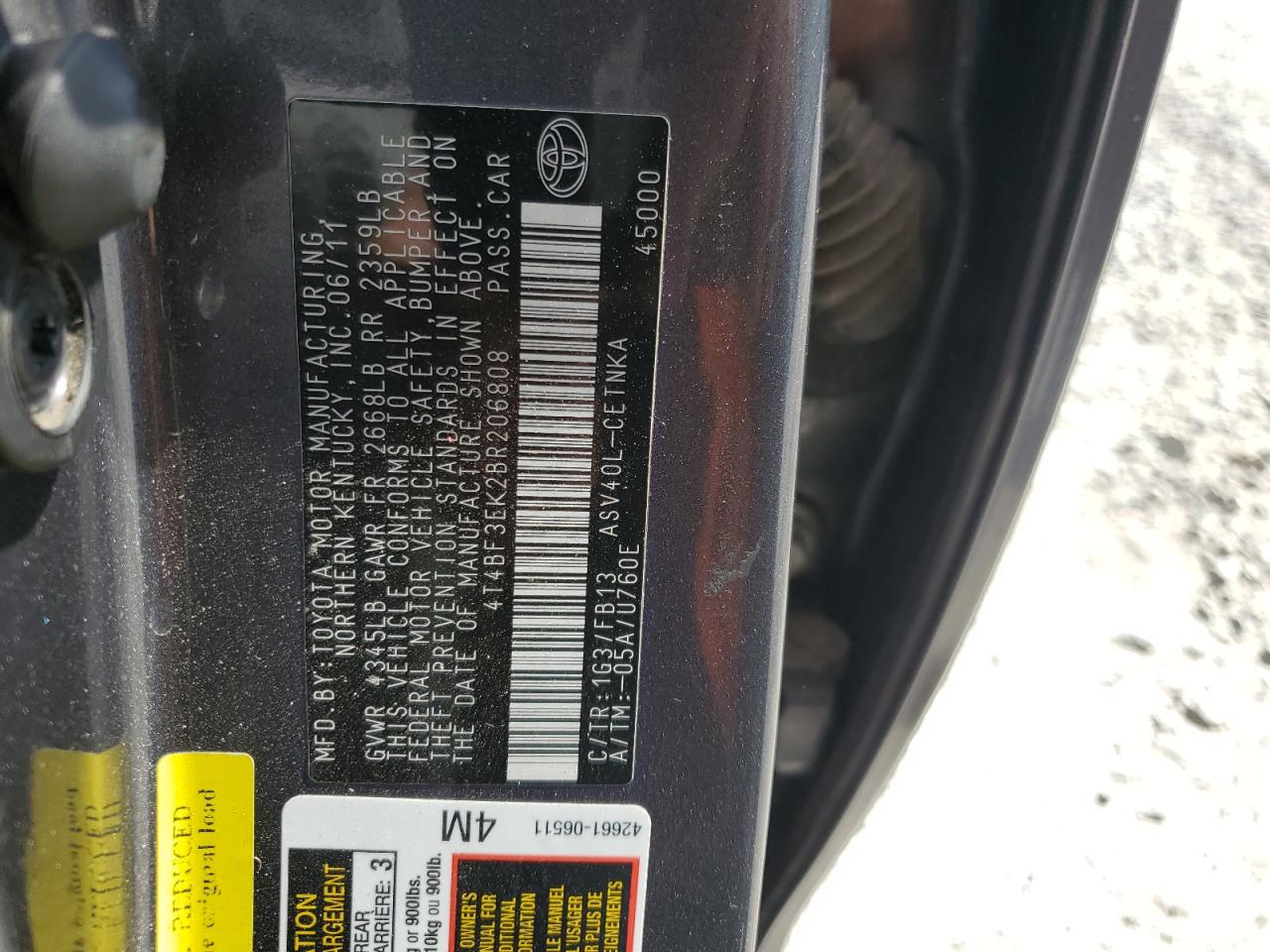 2011 Toyota Camry Base VIN: 4T4BF3EK2BR206808 Lot: 65608895