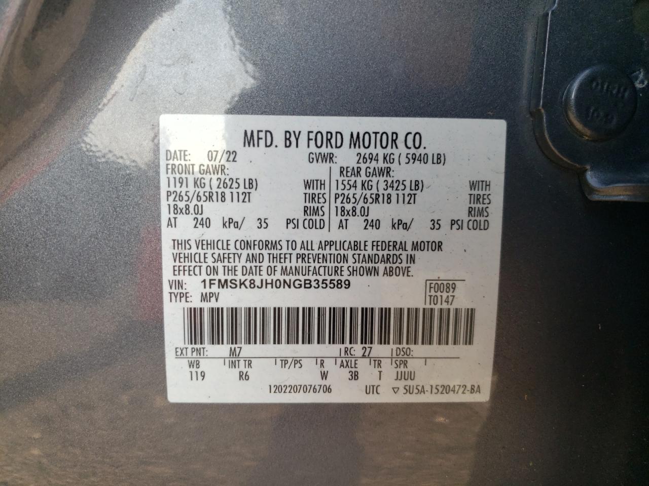 2022 Ford Explorer Timberline VIN: 1FMSK8JH0NGB35589 Lot: 63413055