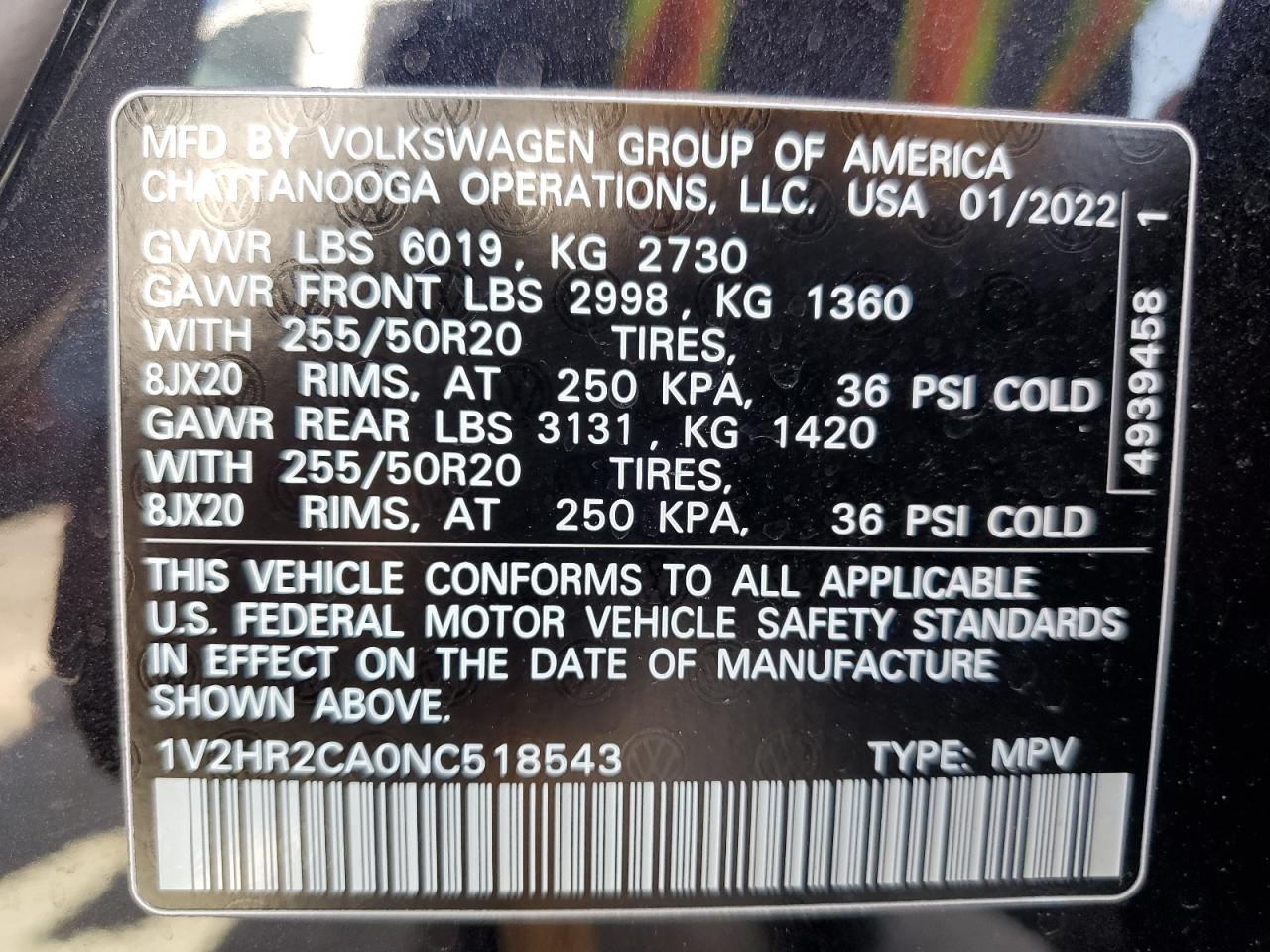 2022 Volkswagen Atlas Se VIN: 1V2HR2CA0NC518543 Lot: 64811415