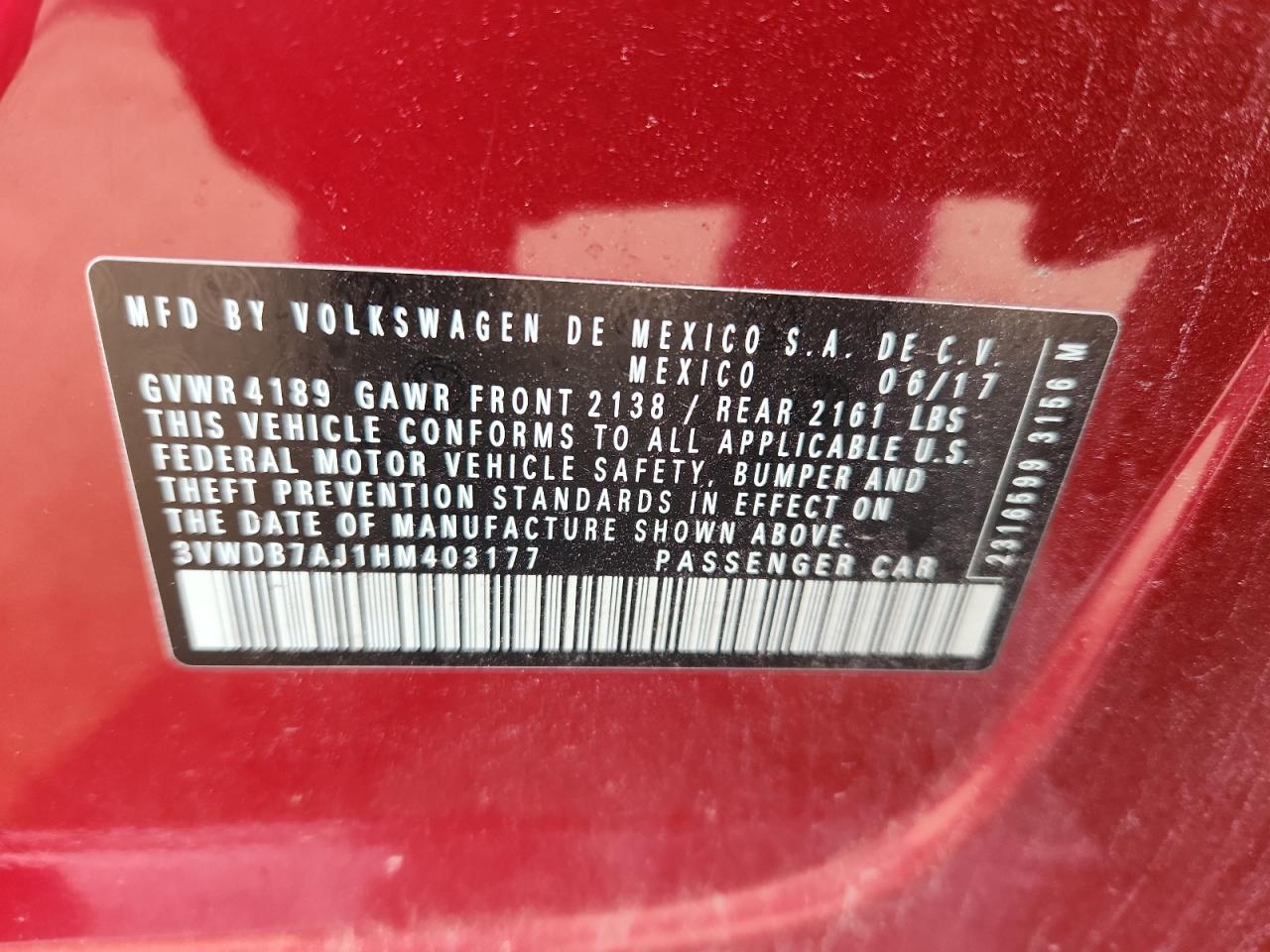 2017 Volkswagen Jetta Se VIN: 3VWDB7AJ1HM403177 Lot: 66338775