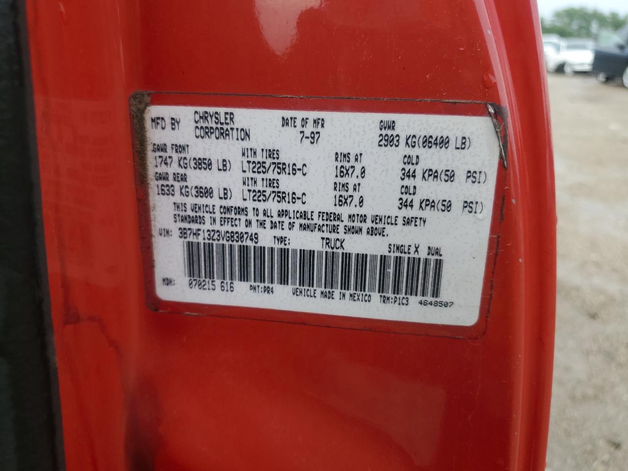 1997 Dodge Ram 1500 VIN: 3B7HF13Z3VG830749 Lot: 57458335