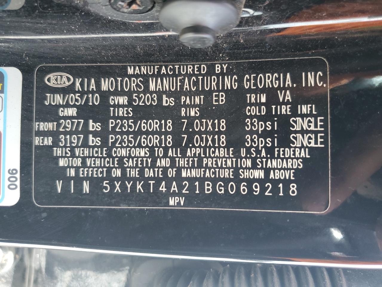 2011 Kia Sorento Base VIN: 5XYKT4A21BG069218 Lot: 65320655
