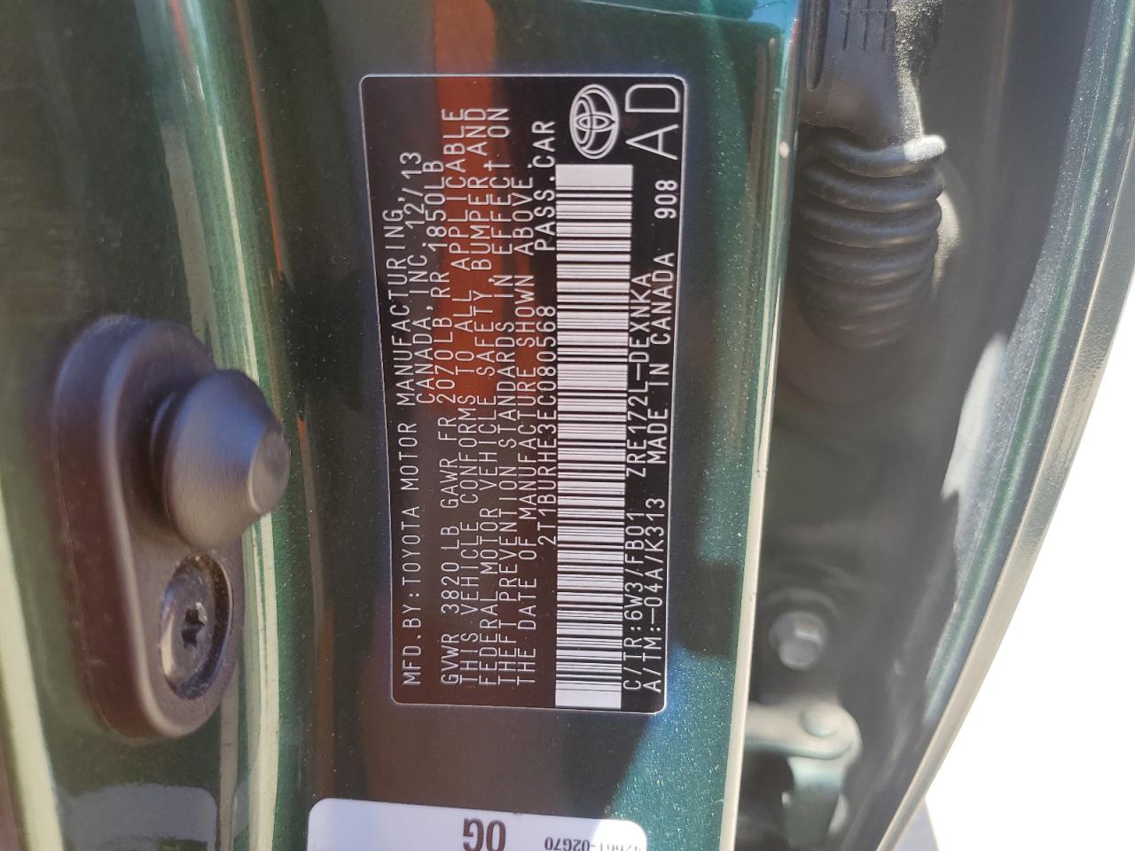 2014 Toyota Corolla L VIN: 2T1BURHE3EC080568 Lot: 65610225