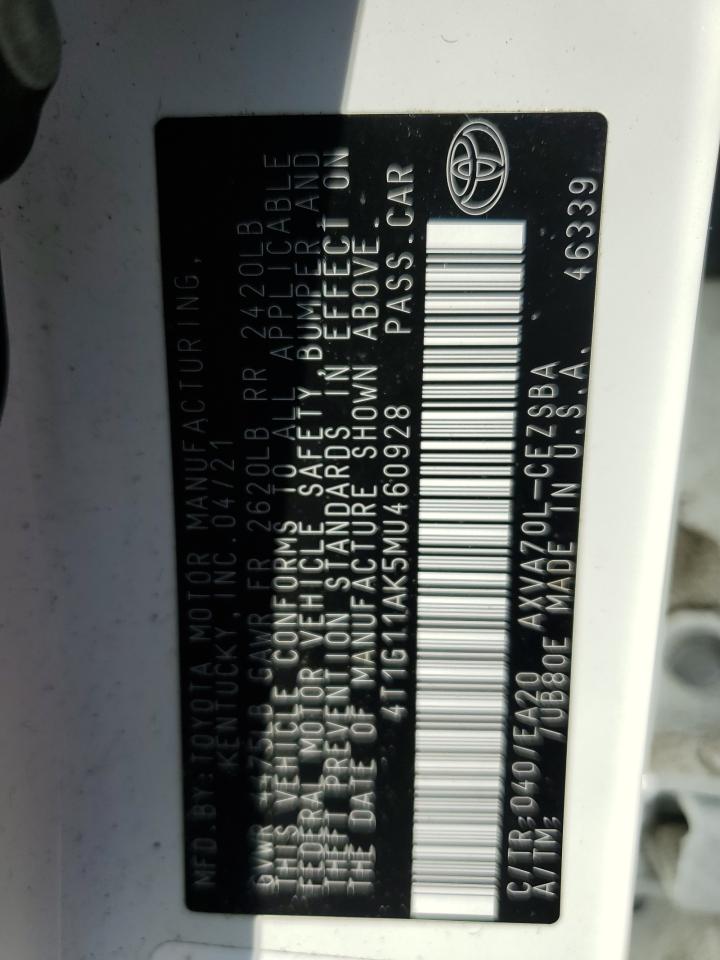 2021 Toyota Camry Se VIN: 4T1G11AK5MU460928 Lot: 63600285