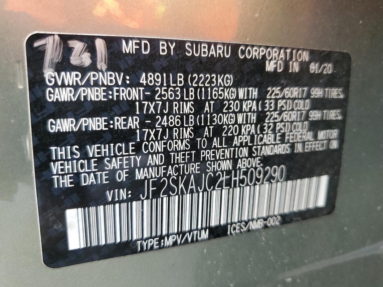 2020 Subaru Forester Premium VIN: JF2SKAJC2LH509290 Lot: 65055755