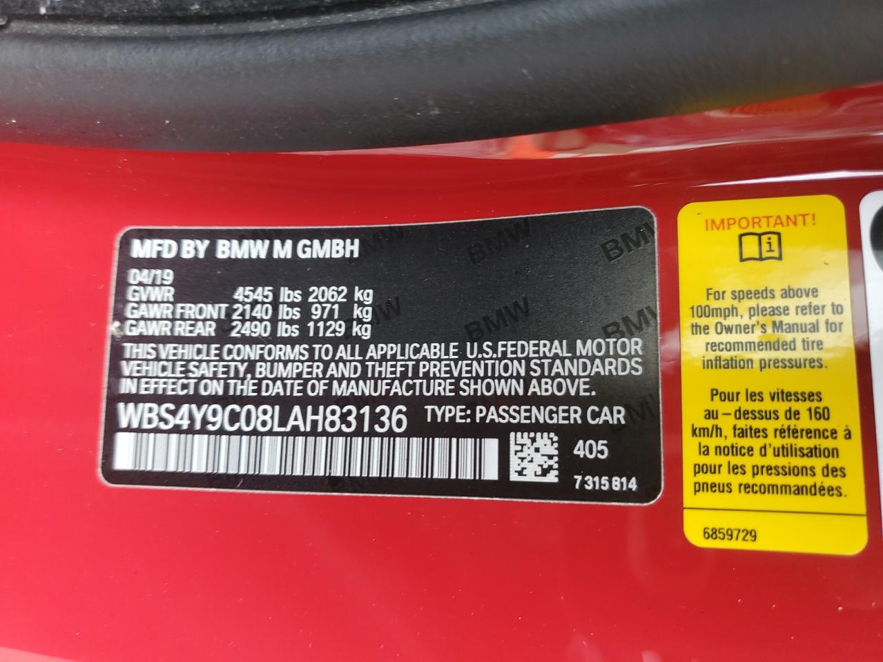 2020 BMW M4 VIN: WBS4Y9C08LAH83136 Lot: 63075405