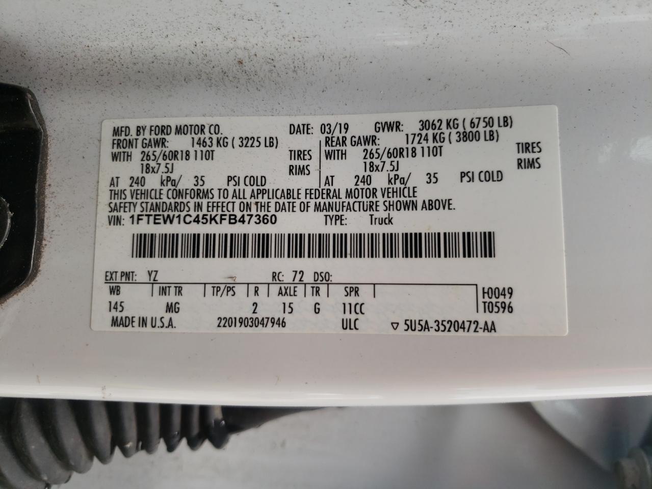 2019 Ford F150 Supercrew VIN: 1FTEW1C45KFB47360 Lot: 62636615