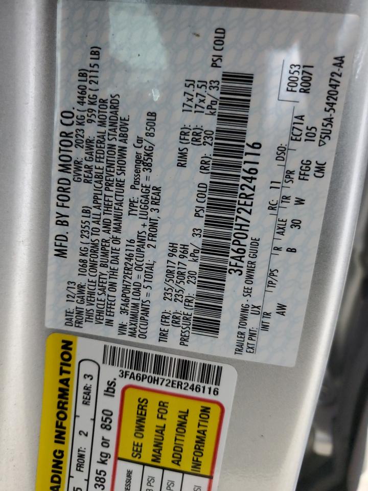 2014 Ford Fusion Se VIN: 3FA6P0H72ER246116 Lot: 64370065