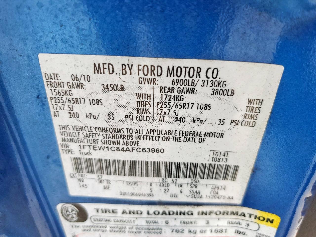 2010 Ford F150 Supercrew VIN: 1FTEW1C84AFC63960 Lot: 64768105