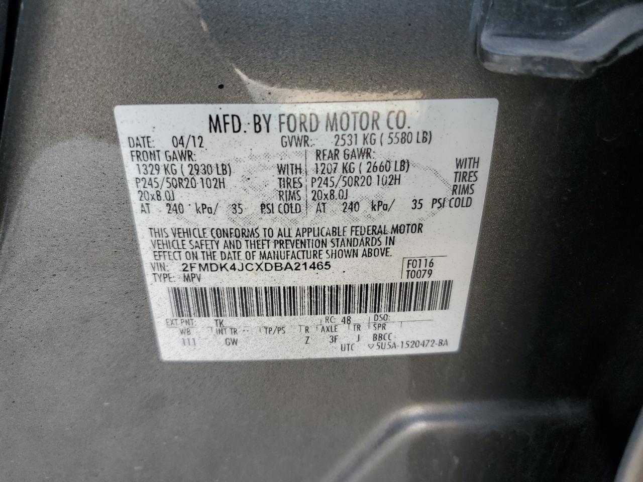 2013 Ford Edge Sel VIN: 2FMDK4JCXDBA21465 Lot: 64749695