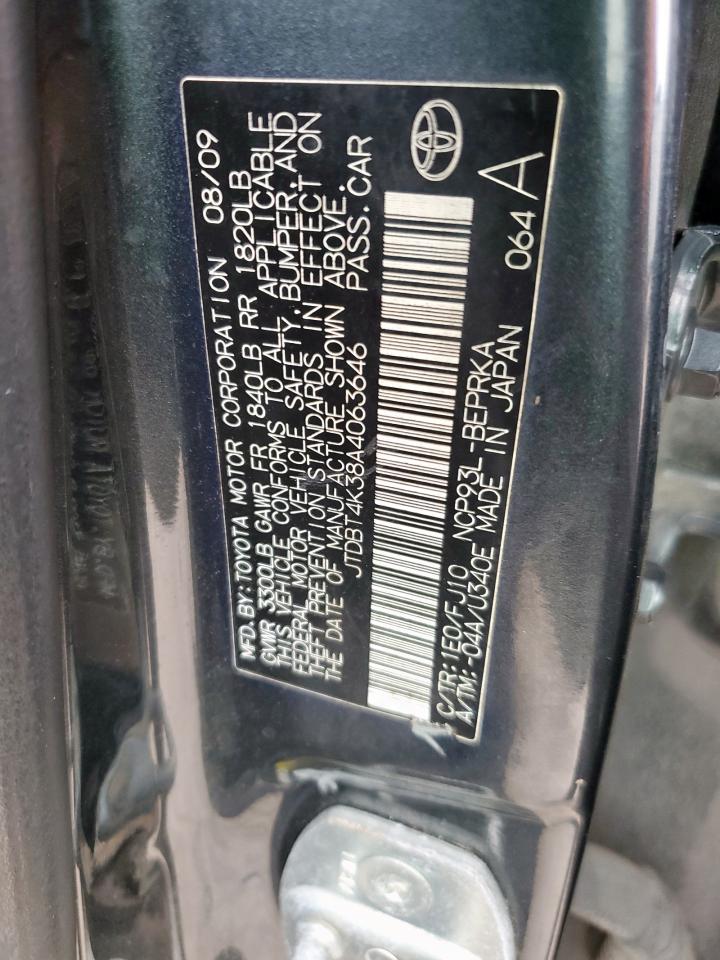 2010 Toyota Yaris VIN: JTDBT4K38A4063646 Lot: 62330275
