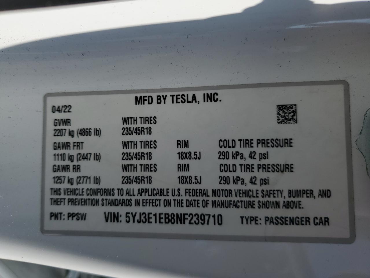 2022 Tesla Model 3 VIN: 5YJ3E1EB8NF239710 Lot: 65256135