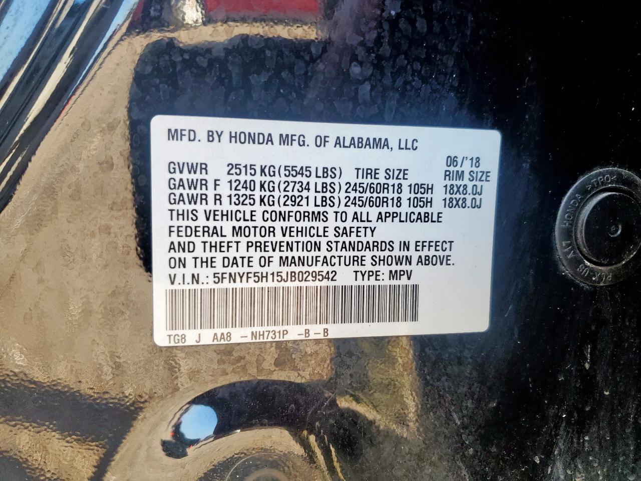 2018 Honda Pilot Lx VIN: 5FNYF5H15JB029542 Lot: 64699805