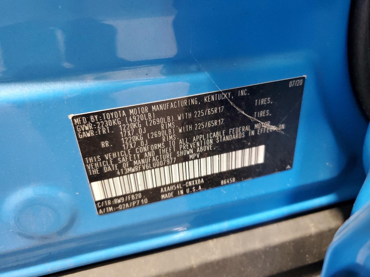 2020 Toyota Rav4 Le VIN: 4T3MWRFV6LU007977 Lot: 66355815