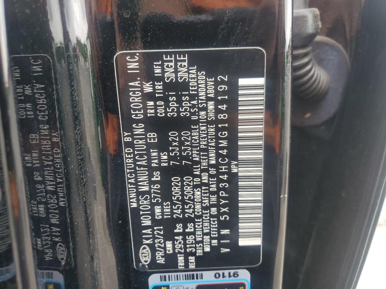 2021 Kia Telluride Ex VIN: 5XYP34HC4MG184192 Lot: 64211865