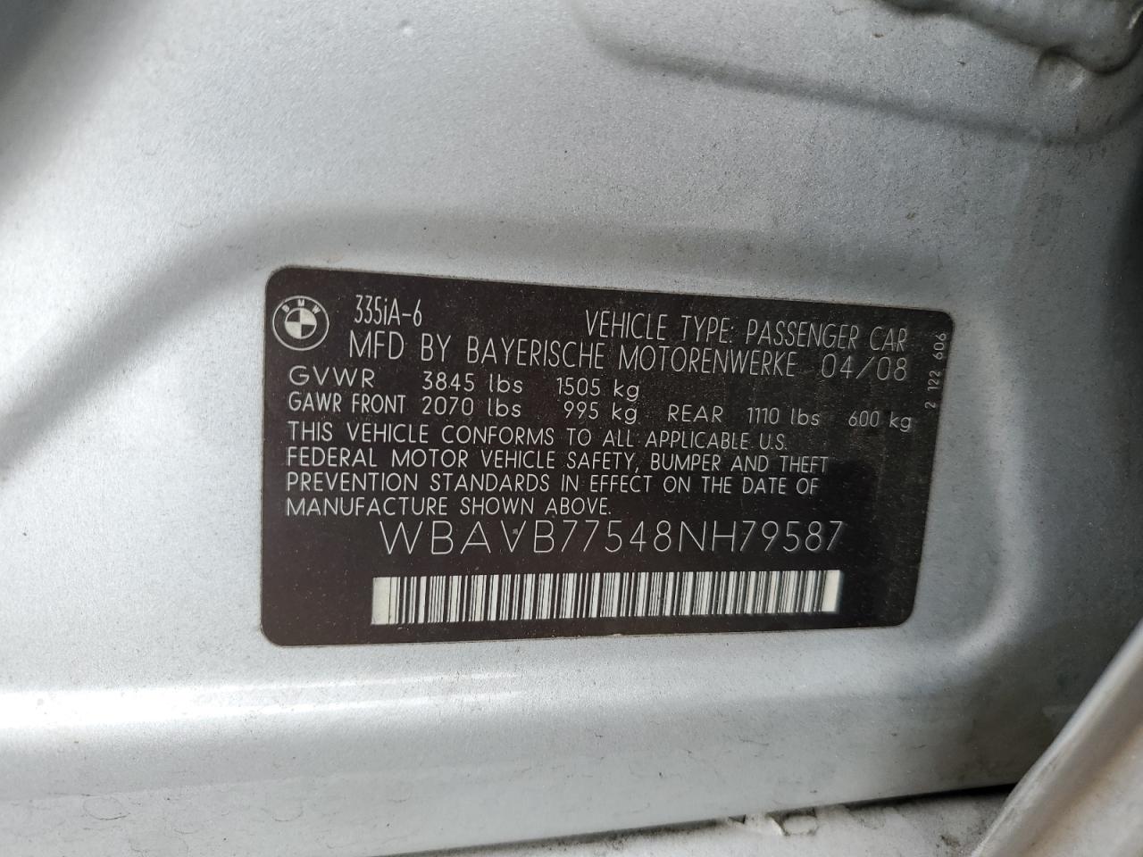 2008 BMW 335 I VIN: WBAVB77548NH79587 Lot: 62951485