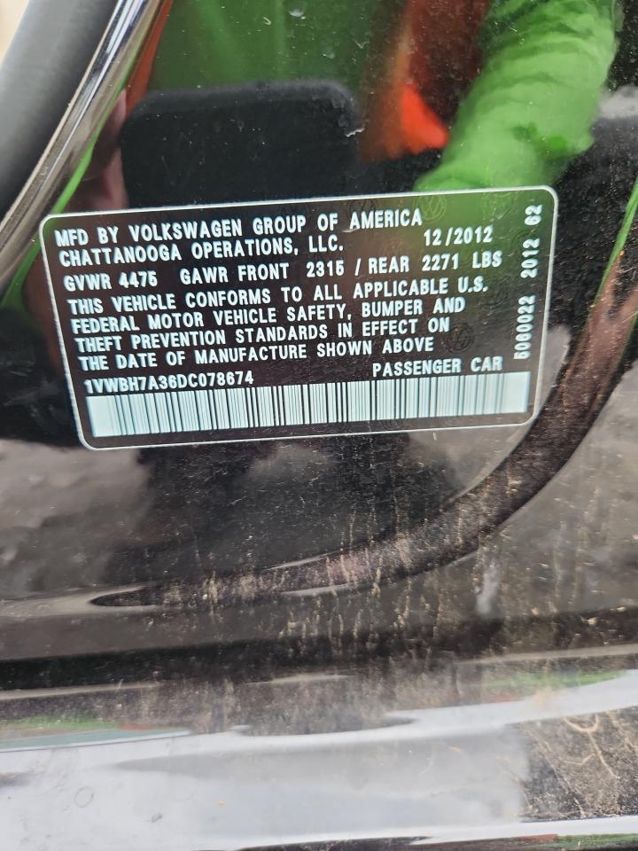 2013 Volkswagen Passat Se VIN: 1VWBH7A36DC078674 Lot: 57878455