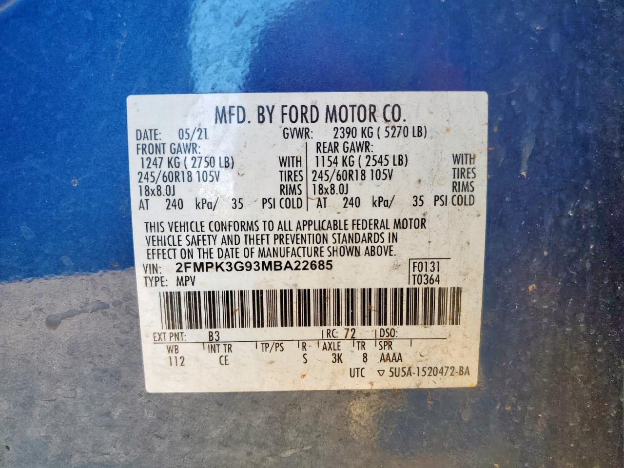 2021 Ford Edge Se VIN: 2FMPK3G93MBA22685 Lot: 65059235