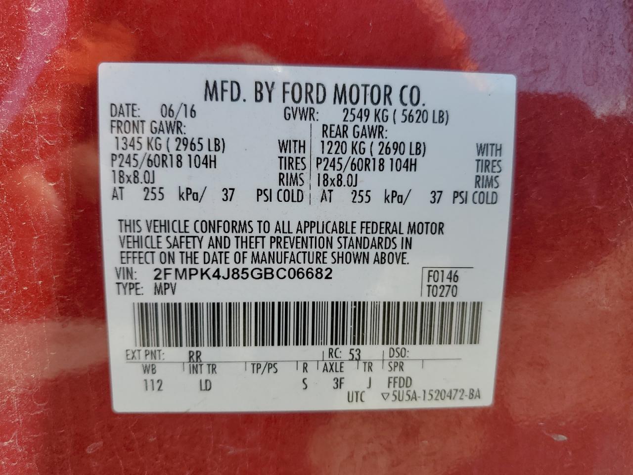 2016 Ford Edge Sel VIN: 2FMPK4J85GBC06682 Lot: 63583175