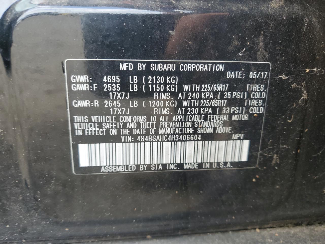 2017 Subaru Outback 2.5I Premium VIN: 4S4BSAHC4H3406604 Lot: 64174085
