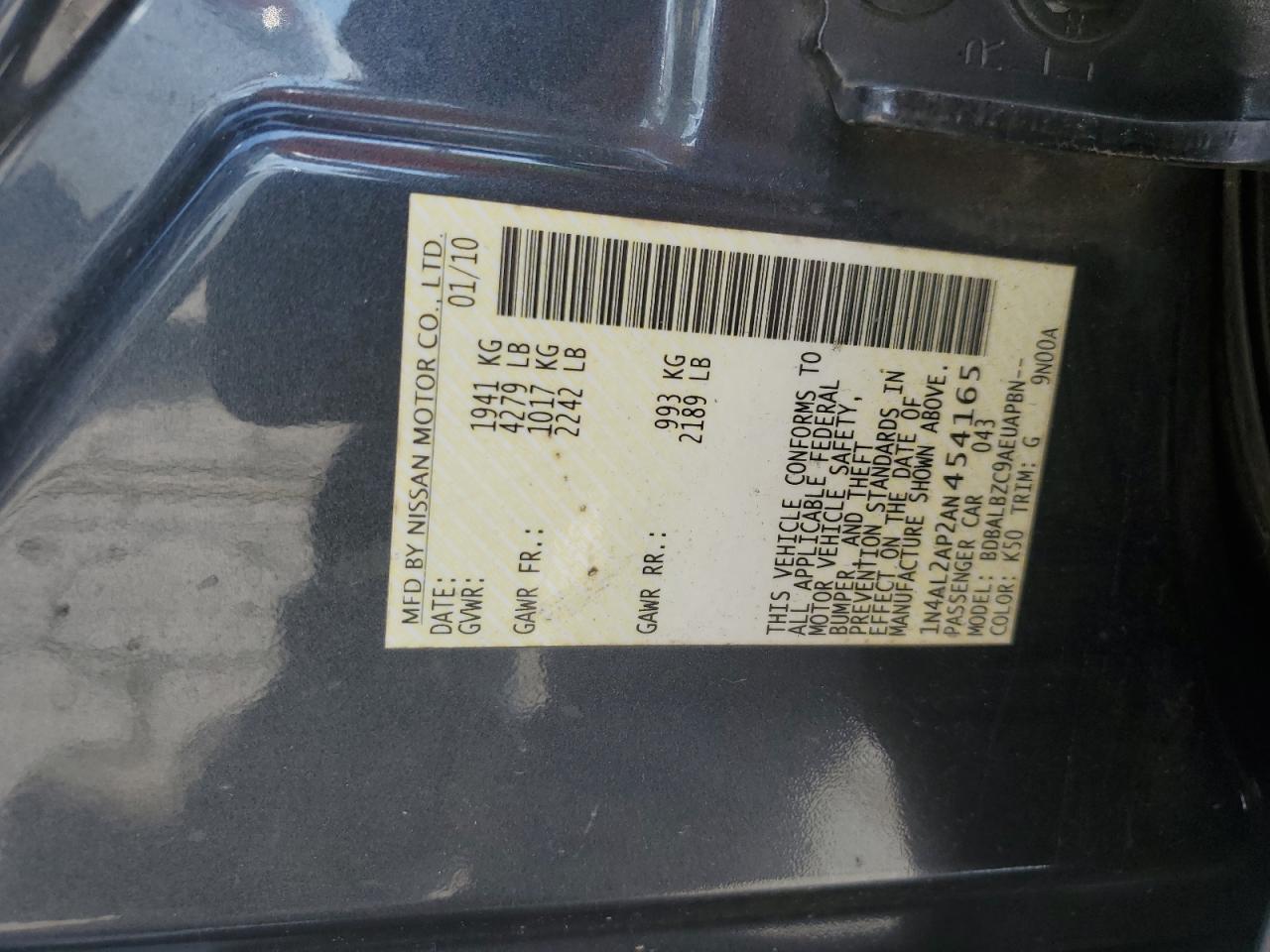 2010 Nissan Altima Base VIN: 1N4AL2AP2AN454165 Lot: 66955655