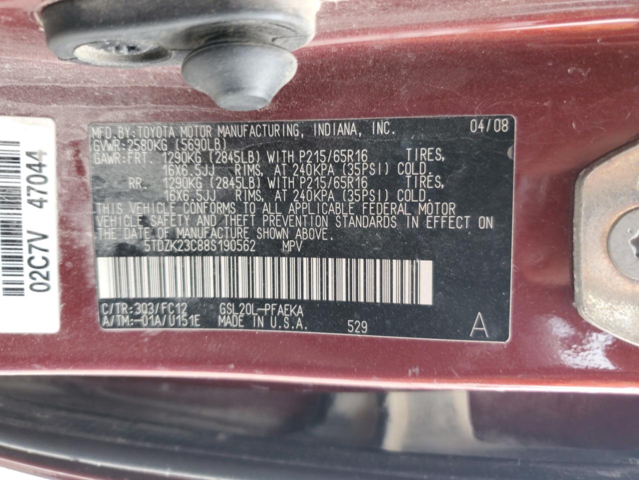 2008 Toyota Sienna Ce VIN: 5TDZK23C88S190562 Lot: 63752955