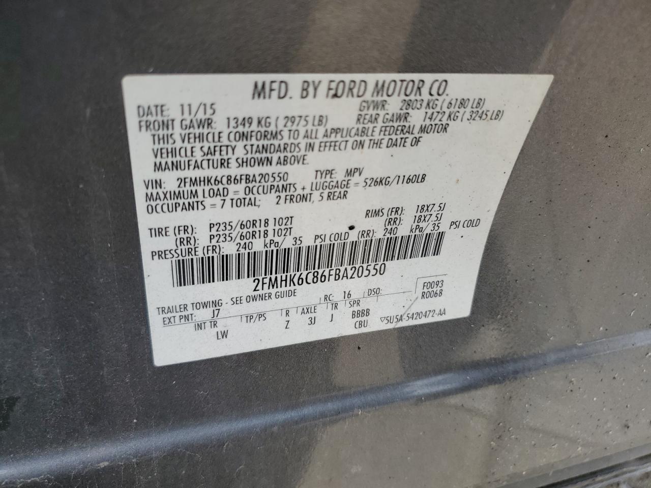 2015 Ford Flex Sel VIN: 2FMHK6C86FBA20550 Lot: 65469395