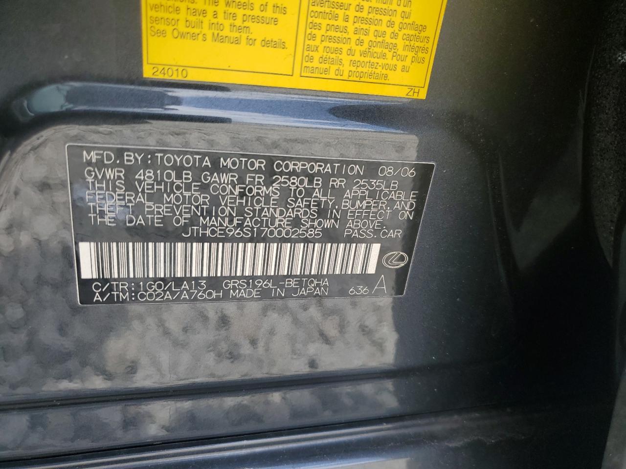 2007 Lexus Gs 350 VIN: JTHCE96S170002585 Lot: 66296305