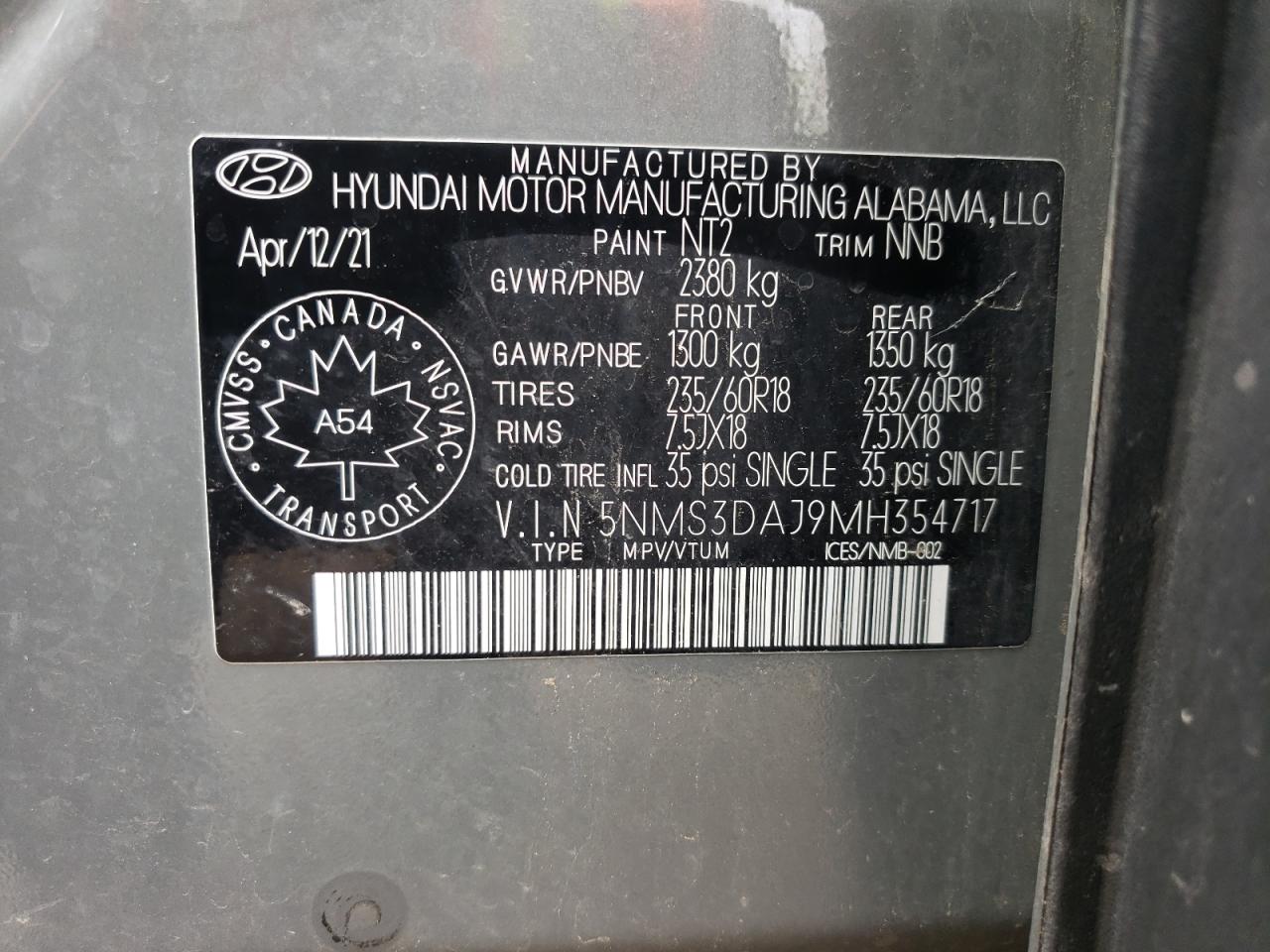2021 Hyundai Santa Fe Sel VIN: 5NMS3DAJ9MH354717 Lot: 64313835