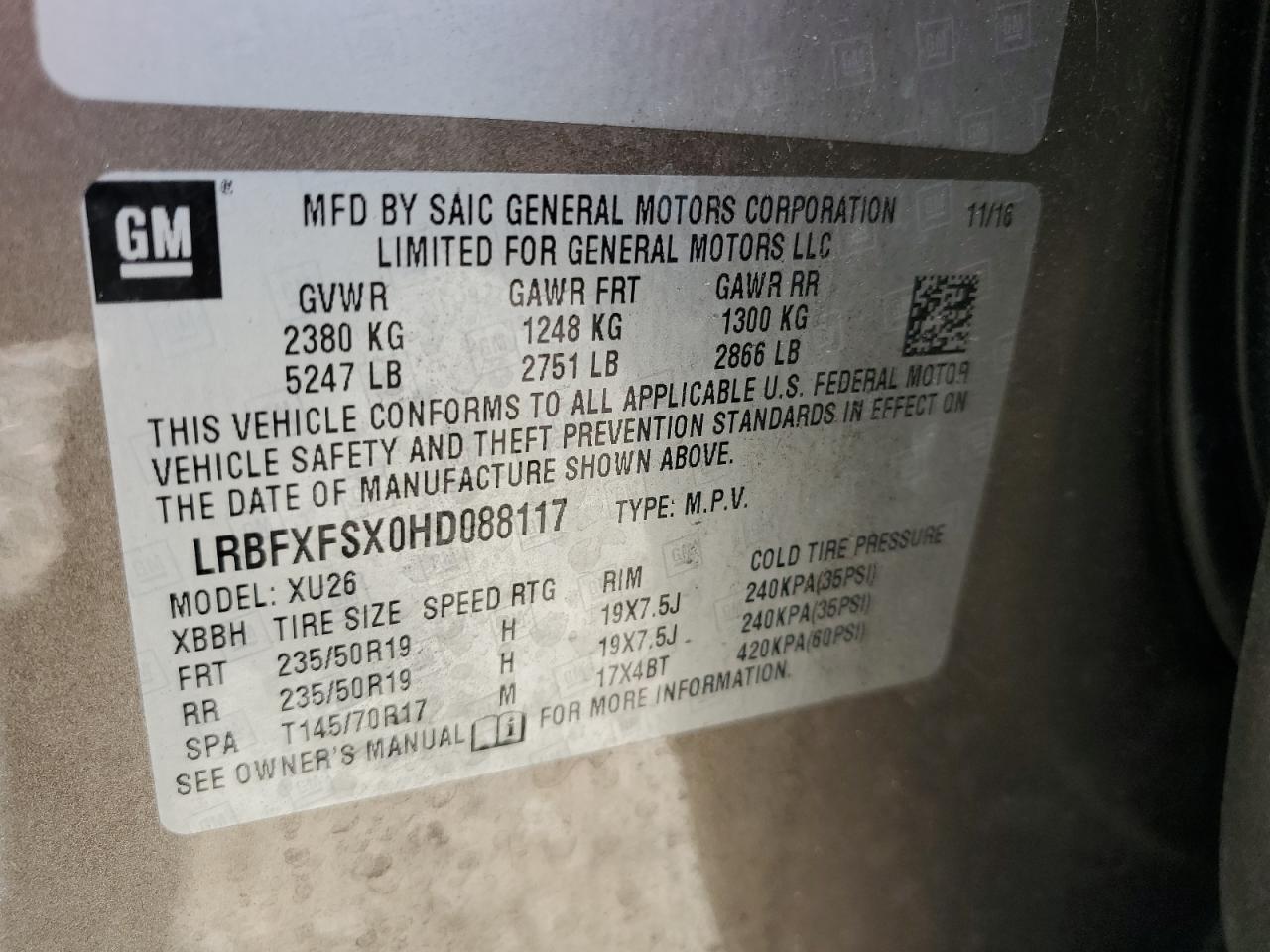 2017 Buick Envision Premium Ii VIN: LRBFXFSX0HD088117 Lot: 62754615