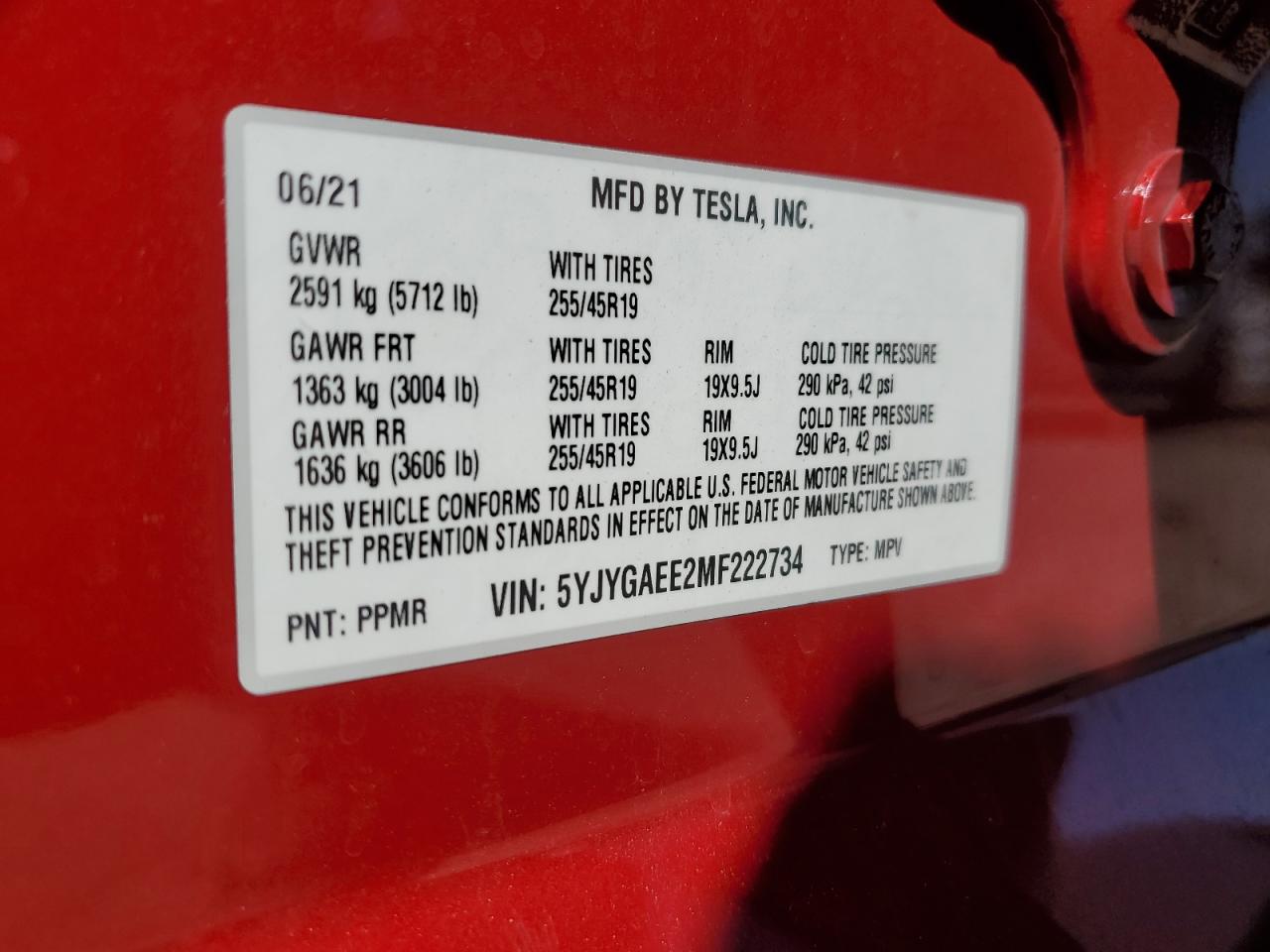 2021 Tesla Model Y VIN: 5YJYGAEE2MF222734 Lot: 63054125