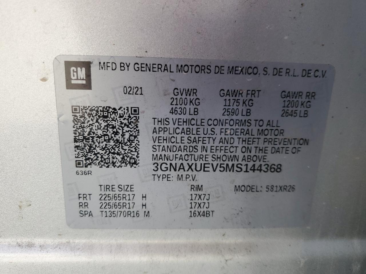 2021 Chevrolet Equinox Lt VIN: 3GNAXUEV5MS144368 Lot: 65556955