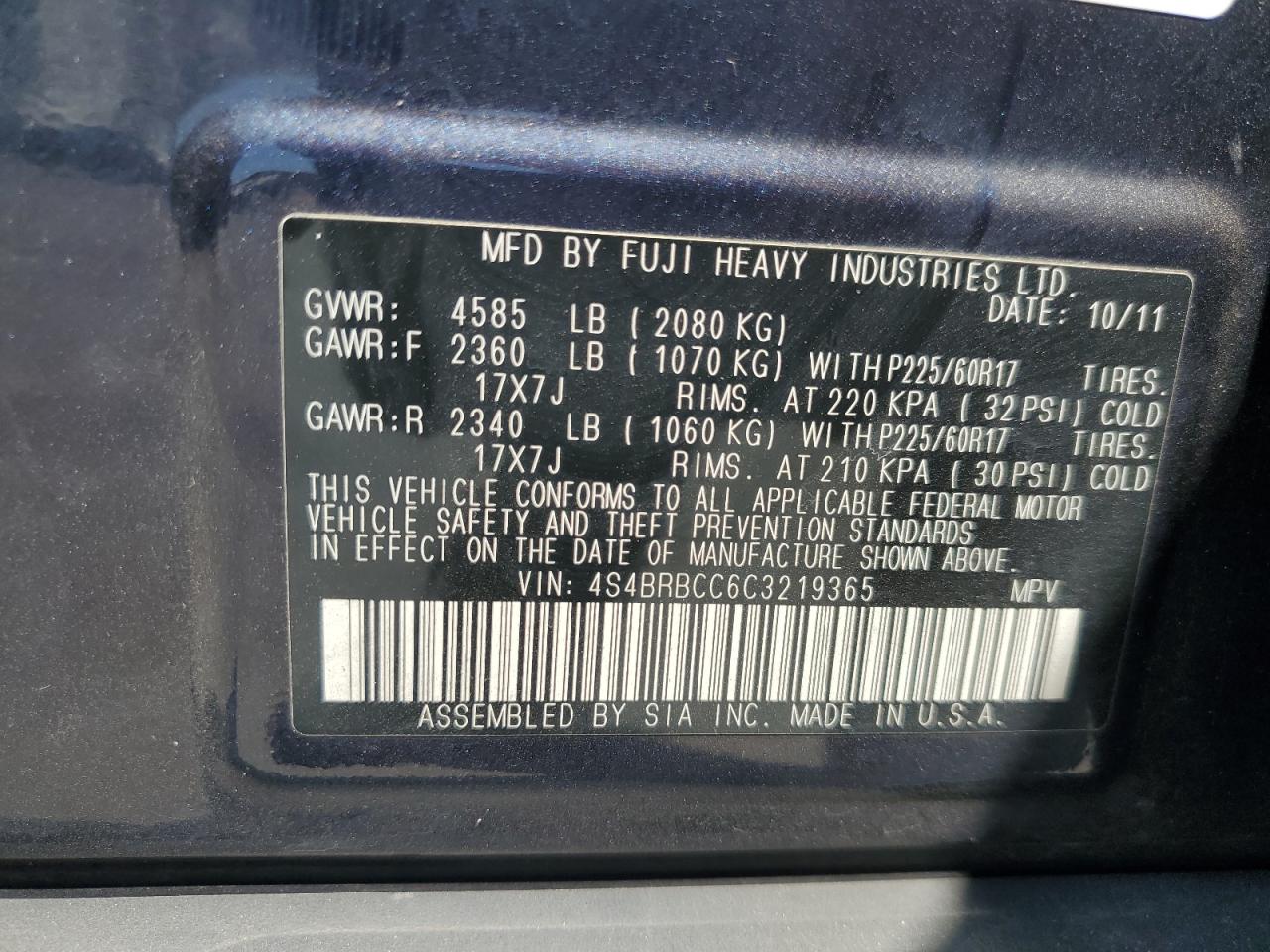 2012 Subaru Outback 2.5I Premium VIN: 4S4BRBCC6C3219365 Lot: 63875295