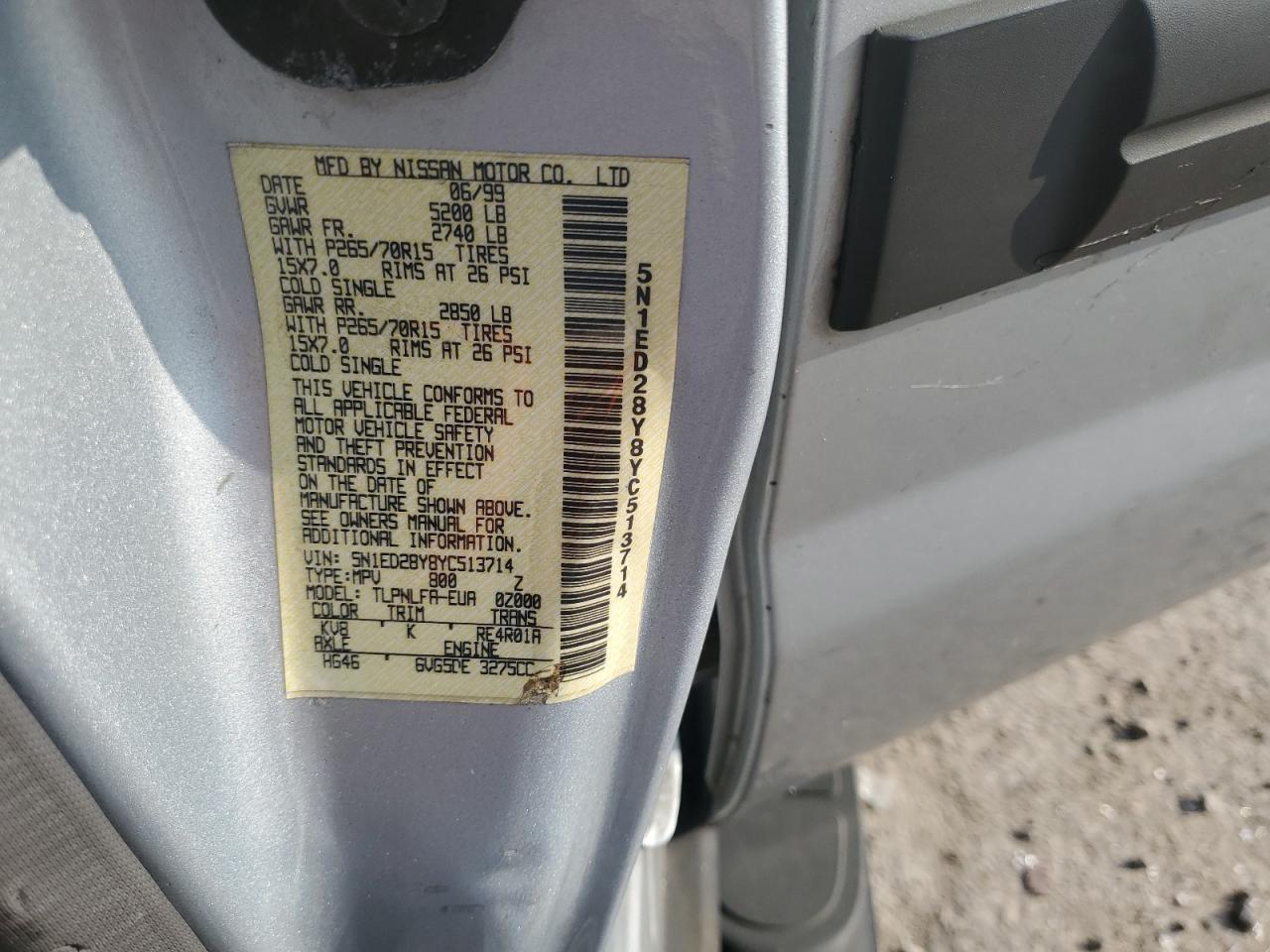 2000 Nissan Xterra Xe VIN: 5N1ED28Y8YC513714 Lot: 64658645