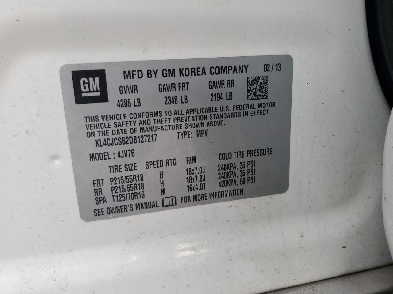 2013 Buick Encore VIN: KL4CJCSB2DB127217 Lot: 62866185