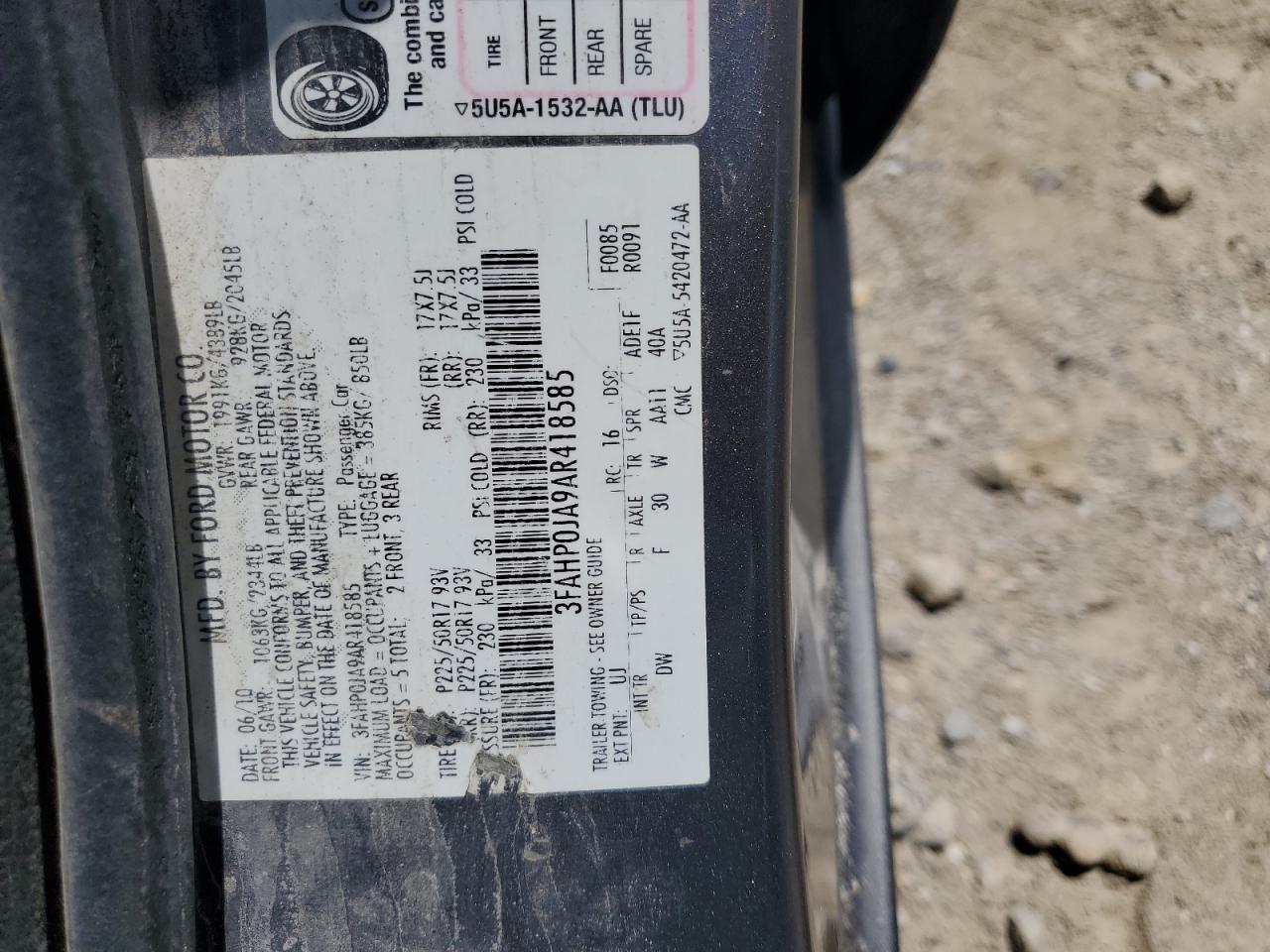 2010 Ford Fusion Sel VIN: 3FAHP0JA9AR418585 Lot: 64189135