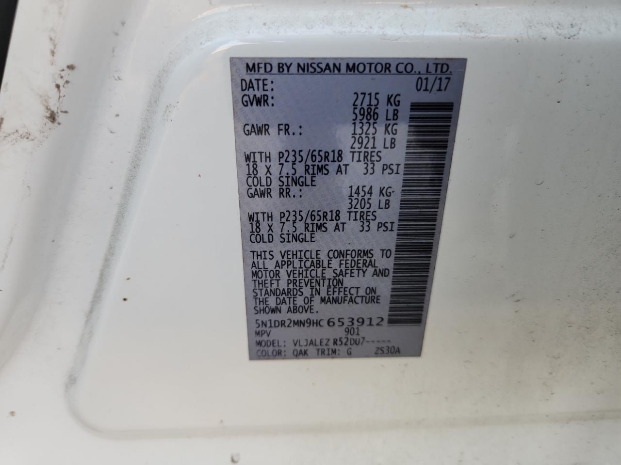 2017 Nissan Pathfinder S VIN: 5N1DR2MN9HC653912 Lot: 63507095