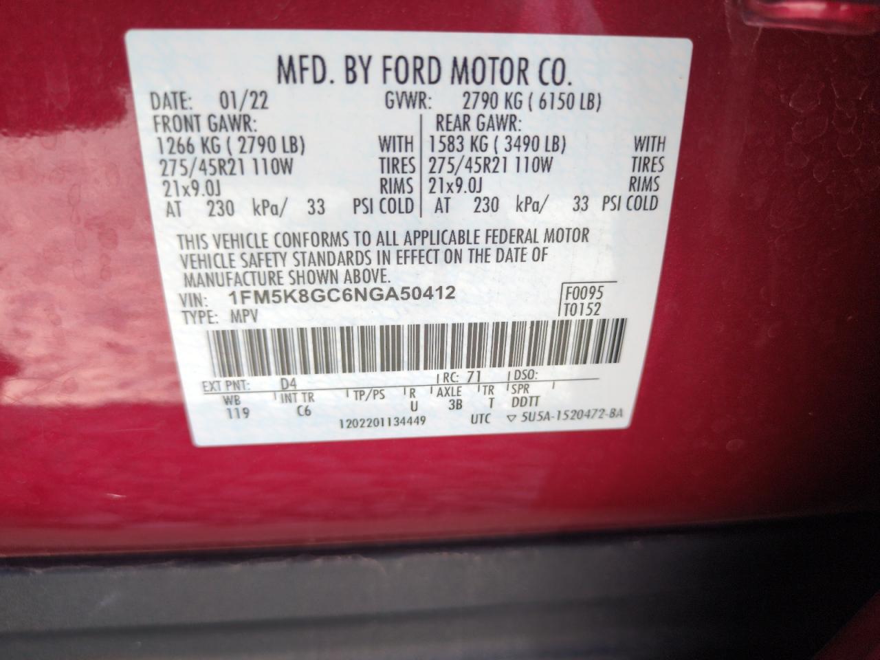 2022 Ford Explorer St VIN: 1FM5K8GC6NGA50412 Lot: 64457295